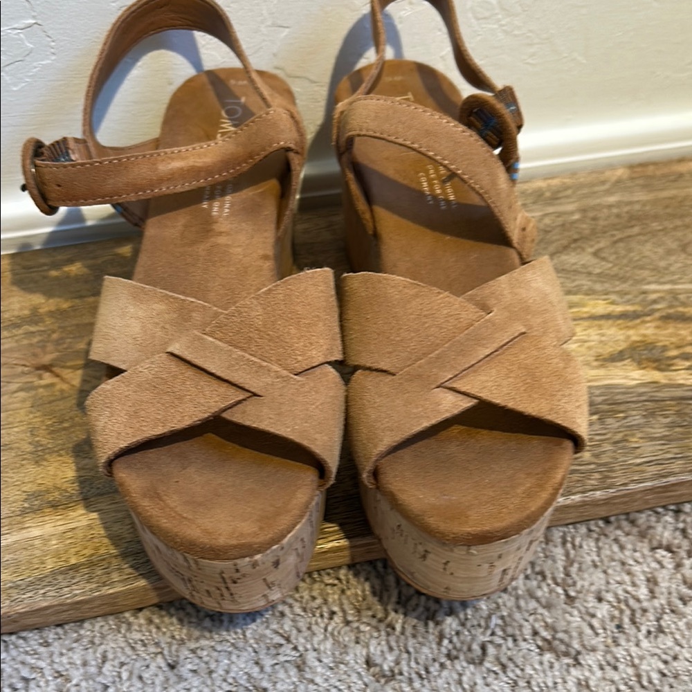Toms Tan Sandals with Cork Wedge and Ankle Strap
